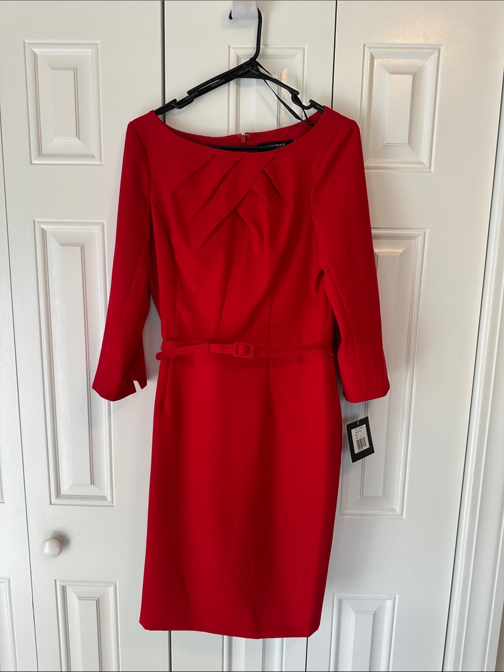 Ellen Tracy Red Long-Sleeve Sheath Dress with Slim Belt
